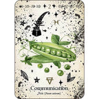 Carte numéro 2 de L'Oracle de la Magie Verte illustrant des pois associés au thème de la "Communication", ornée d'un encrier, d'une plume et de divers symboles magiques.