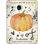Carte numéro 8 de L'Oracle de la Magie Verte illustrant une courge musquée associée au thème de la "Productivité", ornée d'une lune, d'une paire de ciseaux et de divers symboles magiques.