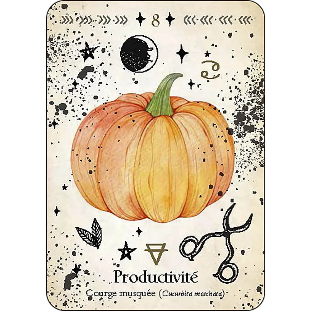 Carte numéro 8 de L'Oracle de la Magie Verte illustrant une courge musquée associée au thème de la "Productivité", ornée d'une lune, d'une paire de ciseaux et de divers symboles magiques.