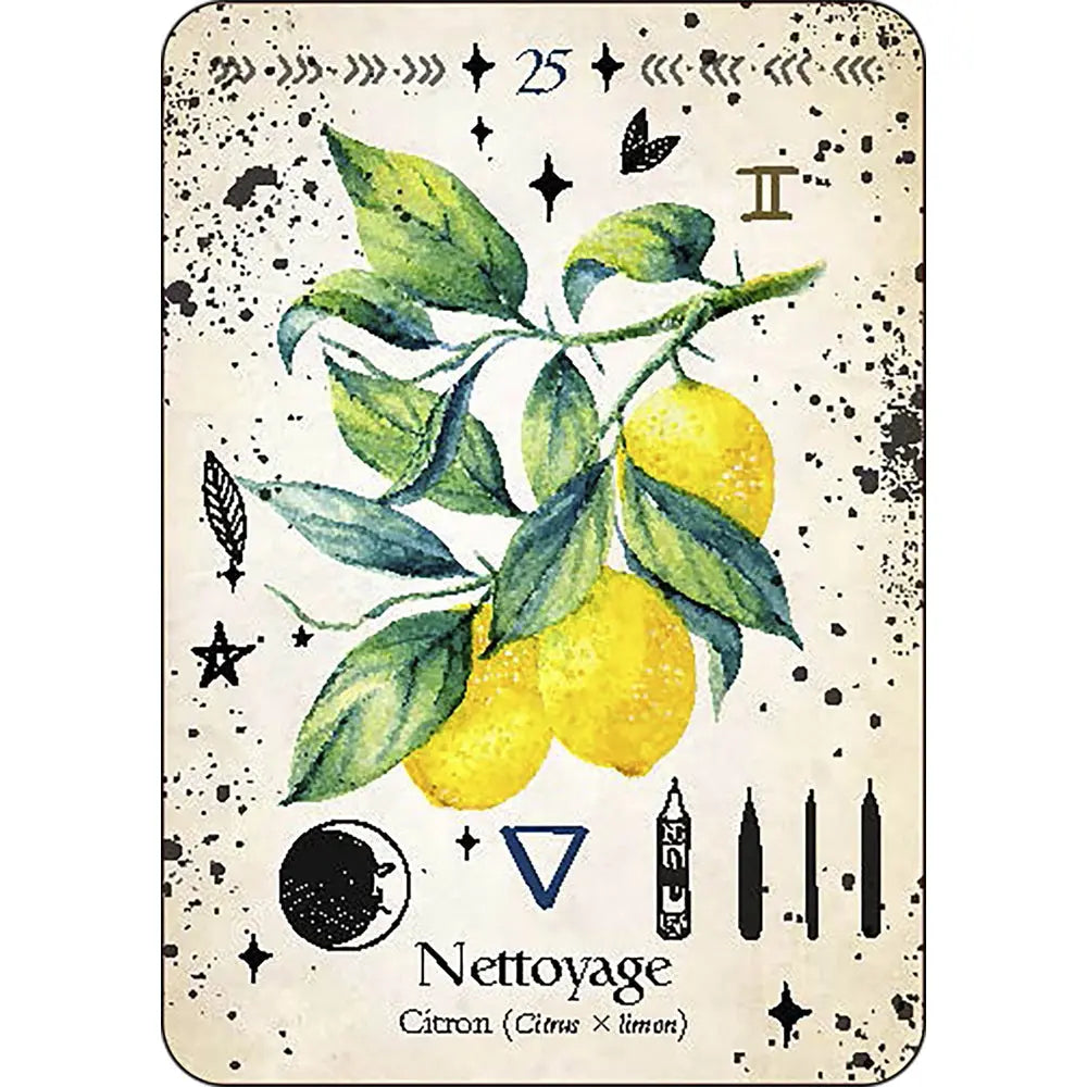 Carte numéro 25 de L'Oracle de la Magie Verte illustrant une branche de citronnier associée au thème du "Nettoyage", ornée d'une lune noire et de divers symboles magiques.