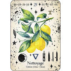 Carte numéro 25 de L'Oracle de la Magie Verte illustrant une branche de citronnier associée au thème du "Nettoyage", ornée d'une lune noire et de divers symboles magiques.