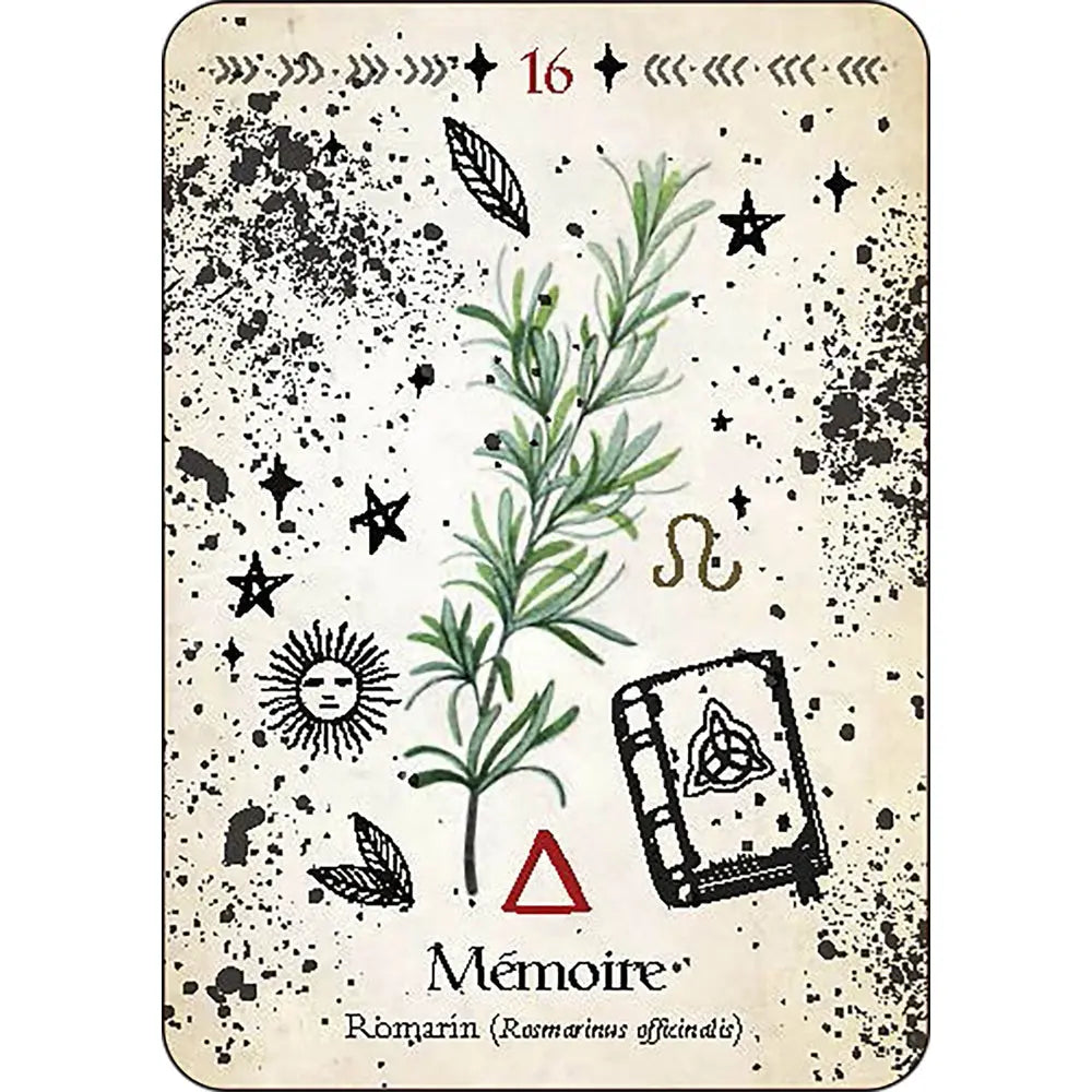 Carte numéro 16 de L'Oracle de la Magie Verte illustrant une branche de romarin associée au thème de la "Mémoire", ornée d'un grimoire, d'un soleil et de divers symboles magiques.