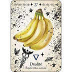 Carte numéro 27 de L'Oracle de la Magie Verte illustrant des bananes associées au thème de la "Dualité", ornée d'un caducée et de divers symboles magiques.