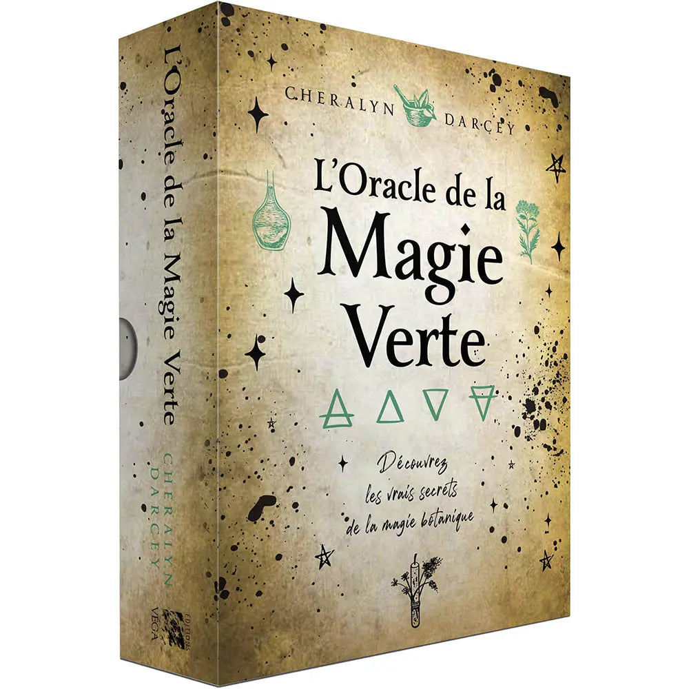Coffret de L'Oracle de la Magie Verte de Cheralyn Darcey aux éditions Véga, orné de symboles botaniques et alchimiques sur un fond imitant un parchemin ancien.