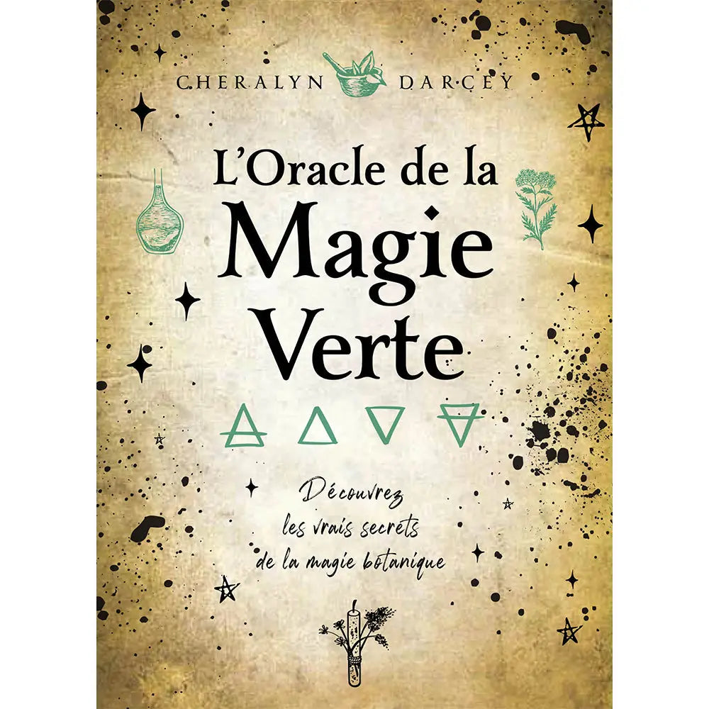 Couverture du coffret de L'Oracle de la Magie Verte de Cheralyn Darcey, illustrée sur un fond de parchemin ancien avec des symboles alchimiques et botaniques, et portant la mention "Découvrez les vrais secrets de la magie botanique".
