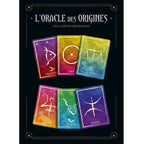 L'Oracle des Origines illustré par six cartes divinatoires colorées présentant des symboles ésotériques et mythologiques sur un fond noir profond.