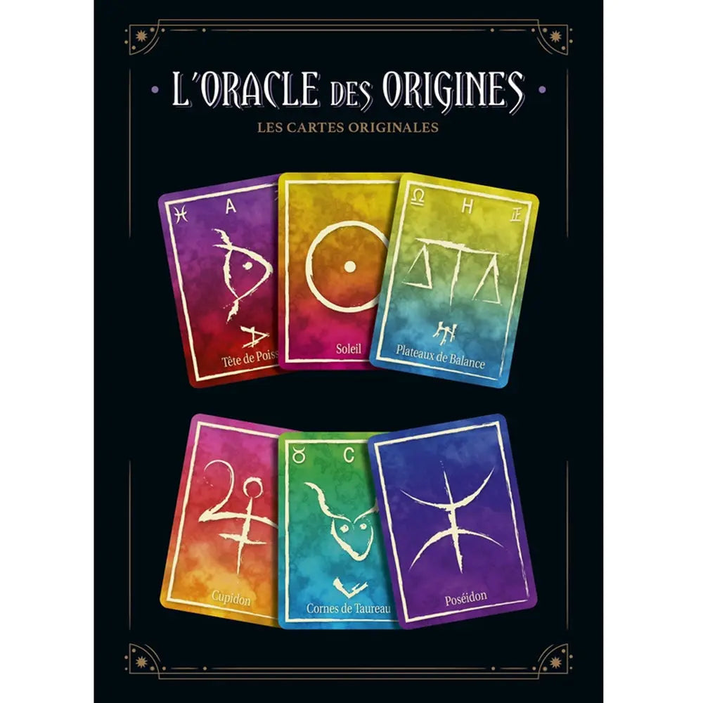 L'Oracle des Origines illustré par six cartes divinatoires colorées présentant des symboles ésotériques et mythologiques sur un fond noir profond.