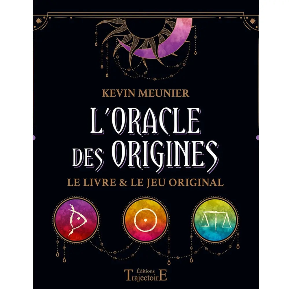 L'Oracle des Origines illustré par trois médaillons colorés et un croissant de lune stylisé sur un fond noir élégant.