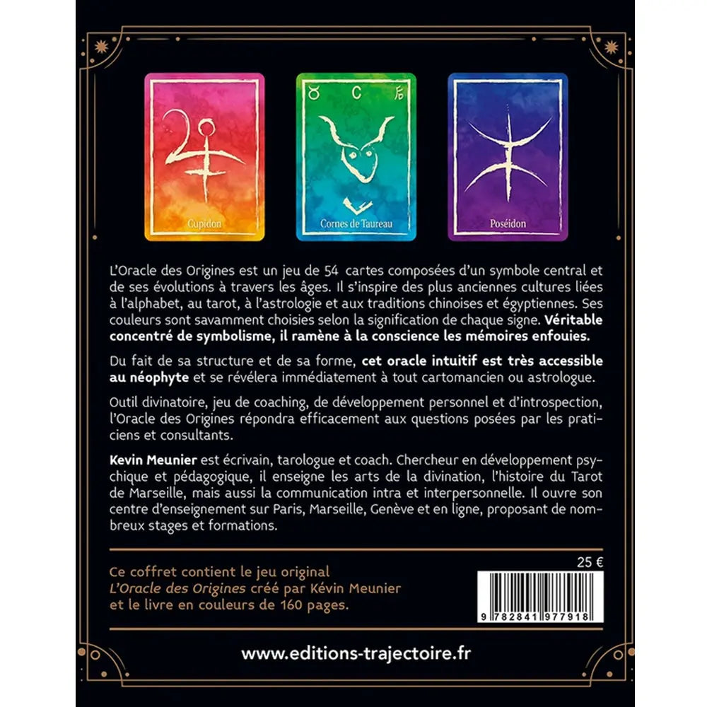 L'Oracle des Origines montrant son texte de présentation au verso avec trois cartes symboliques aux couleurs dégradées rose, verte et bleue.