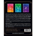 L'Oracle des Origines montrant son texte de présentation au verso avec trois cartes symboliques aux couleurs dégradées rose, verte et bleue.