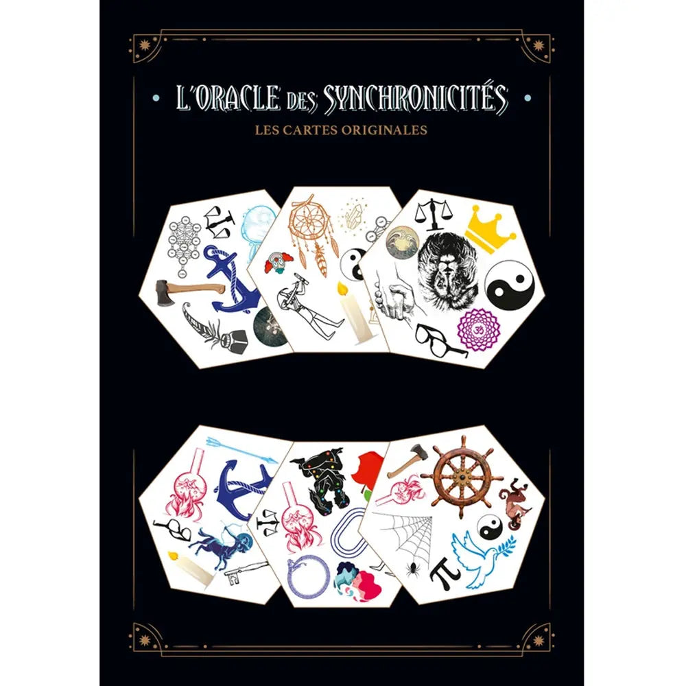 L'Oracle des Synchronicités illustré par six cartes hexagonales blanches présentant une multitude de symboles colorés sur un fond noir.