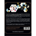 L'Oracle des Synchronicités montrant son texte de présentation au verso avec des motifs hexagonaux contenant des symboles comme le Yin et le Yang ou un chat porte-bonheur.