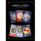 L'Oracle du Cercle illustré par six cartes divinatoires aux thématiques symboliques comme la fleur de vie, le pentagramme ou la chouette sur un fond noir.