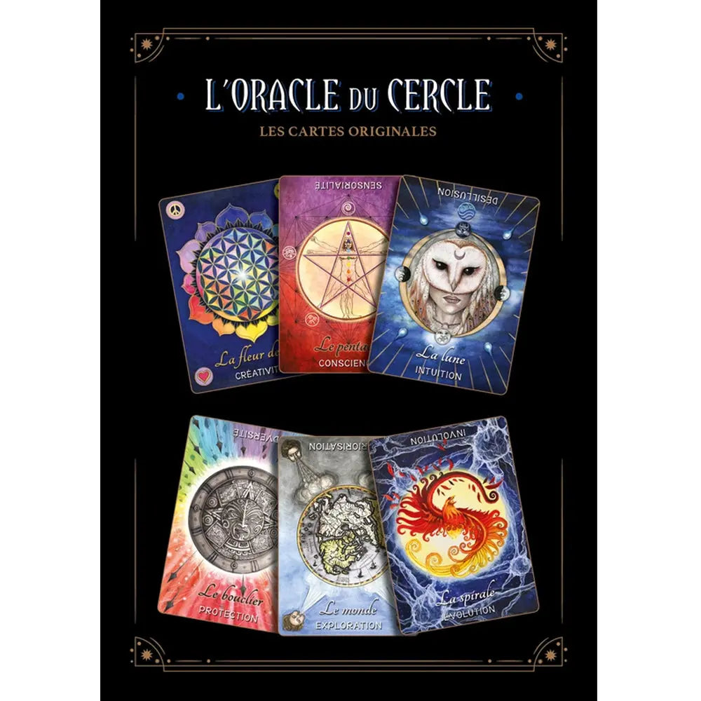 L'Oracle du Cercle illustré par six cartes divinatoires aux thématiques symboliques comme la fleur de vie, le pentagramme ou la chouette sur un fond noir.