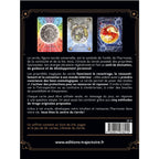 L'Oracle du Cercle dévoilant son texte de présentation au verso avec trois cartes illustrées représentant un bouclier, le monde et une spirale enflammée.