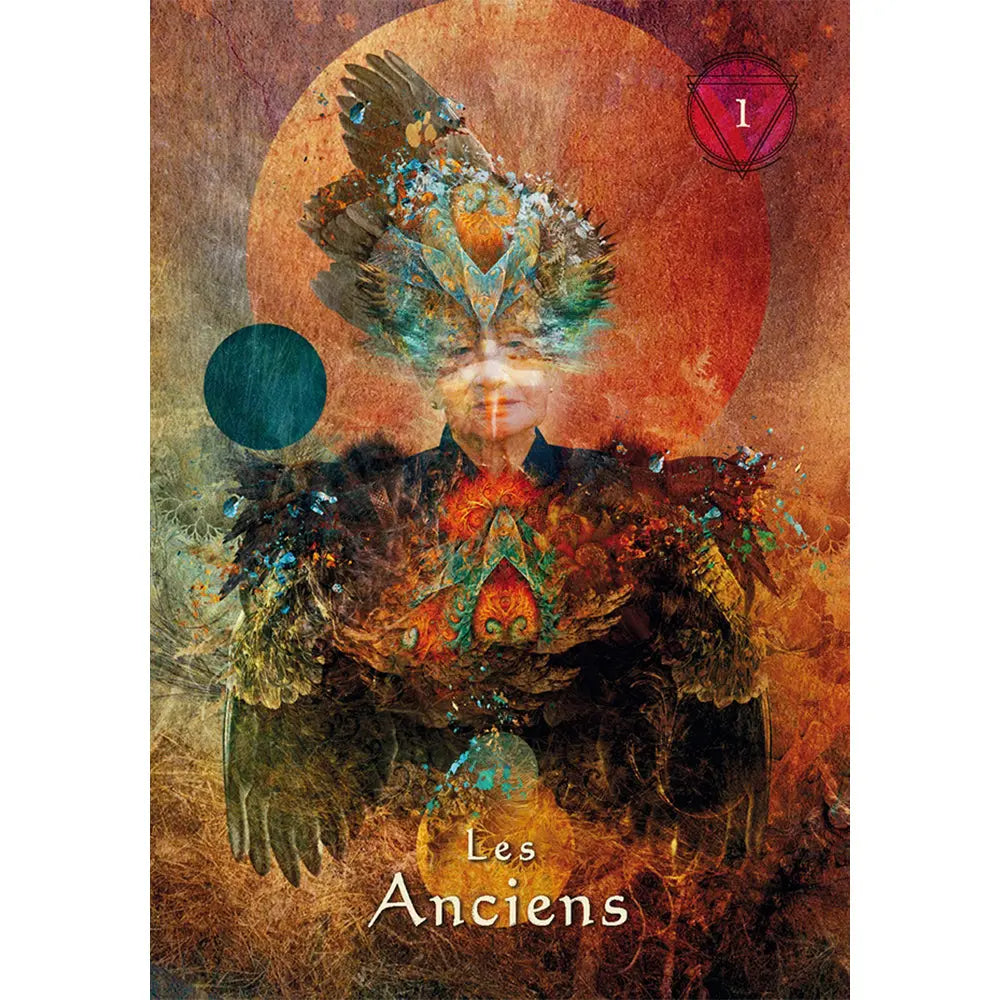 Carte « Les Anciens » (n°1) de L’Oracle du Chaman Mystique, portrait d’un ancien avec coiffe de plumes sur fond ocre et rouge.