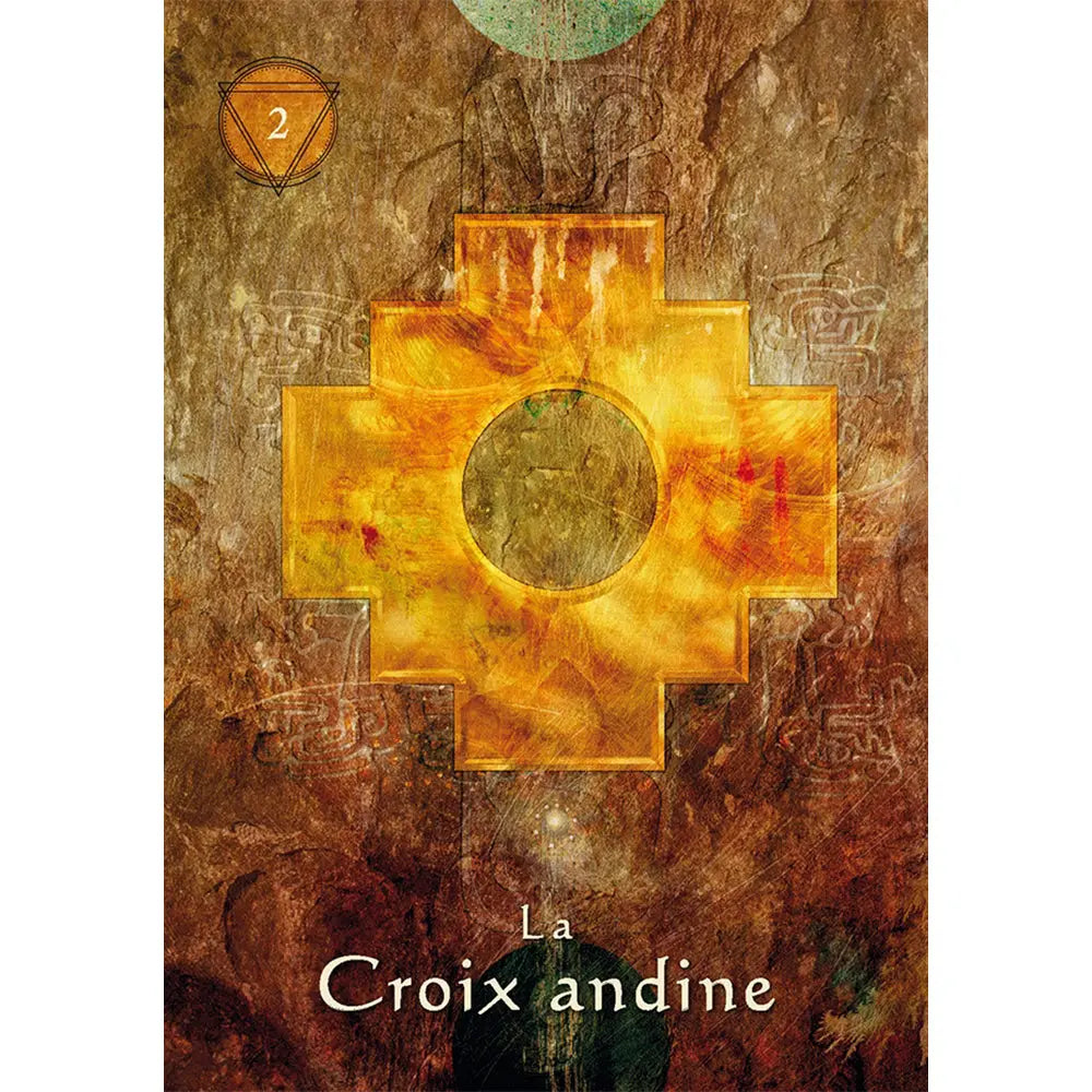 Carte « La Croix andine » (n°2) de L’Oracle du Chaman Mystique, croix dorée (chakana) avec cercle central sur fond minéral brun texturé.