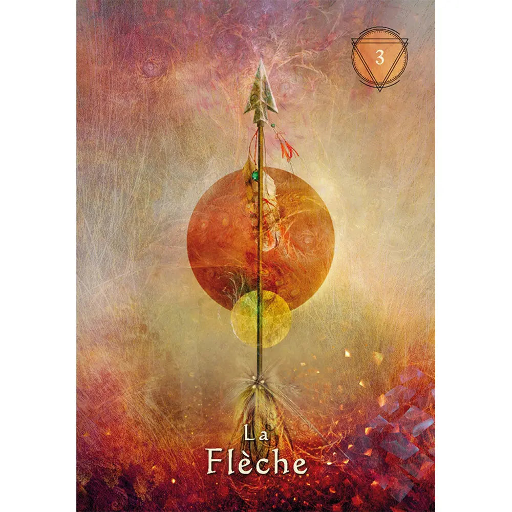 Carte « La Flèche » (n°3) de L’Oracle du Chaman Mystique, flèche verticale ornée de plumes devant des cercles lumineux sur fond abstrait orangé et violet.