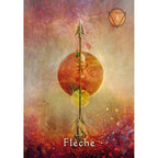 Carte « La Flèche » (n°3) de L’Oracle du Chaman Mystique, flèche verticale ornée de plumes devant des cercles lumineux sur fond abstrait orangé et violet.