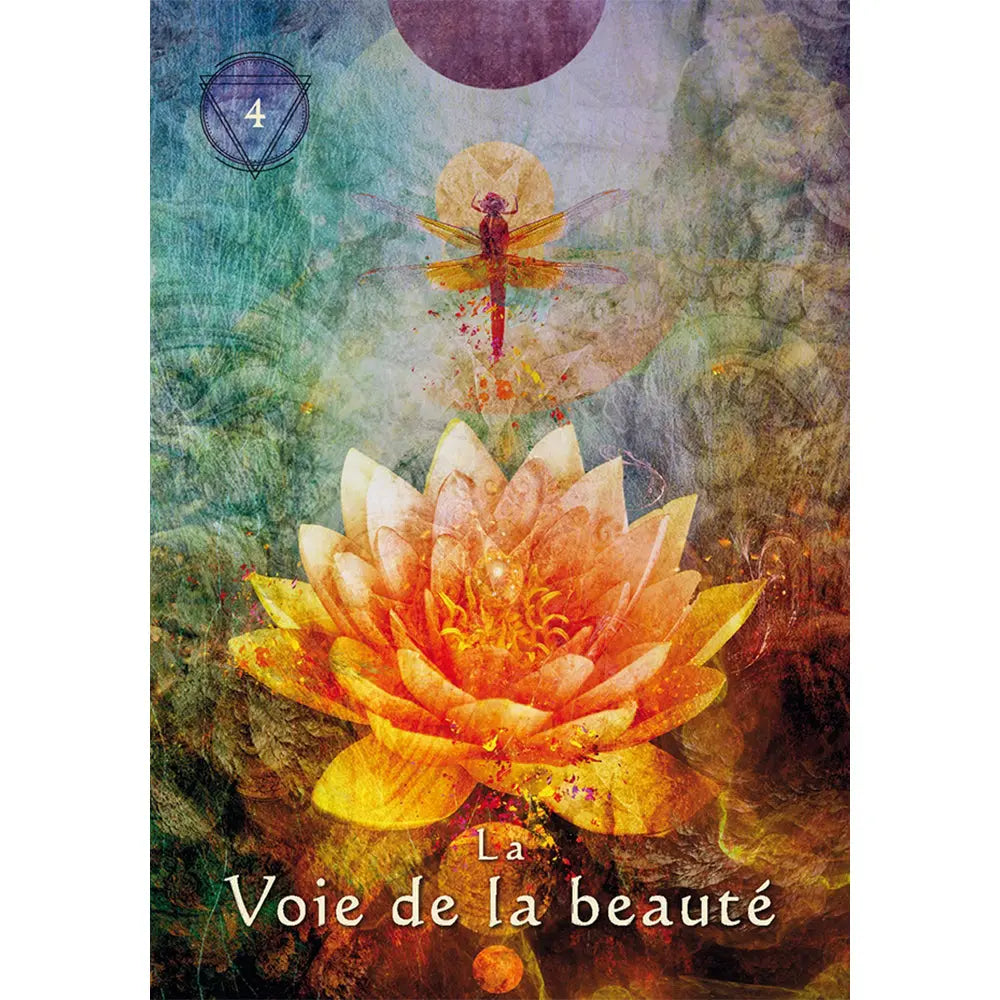 Carte « La Voie de la beauté » (n°4) de L’Oracle du Chaman Mystique, fleur de lotus orangée et libellule sur fond abstrait multicolore.