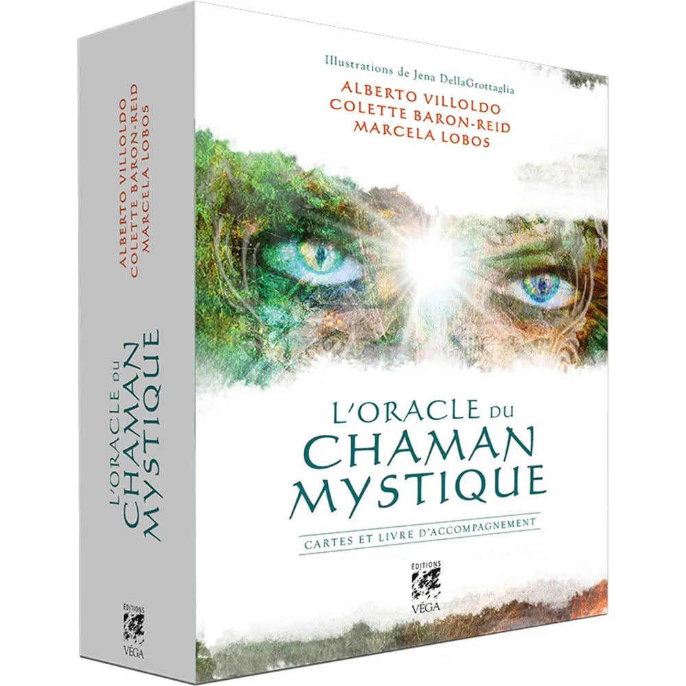 Coffret L’Oracle du Chaman Mystique (Éditions Véga), boîte vue de face et de côté avec illustration d’yeux et titre sur fond blanc.