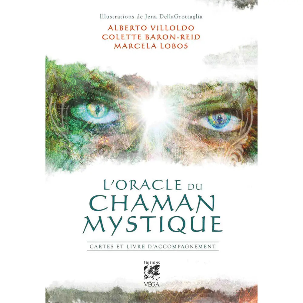 Coffret L’Oracle du Chaman Mystique (recto), visuel avec yeux bleus et titre sur fond blanc.