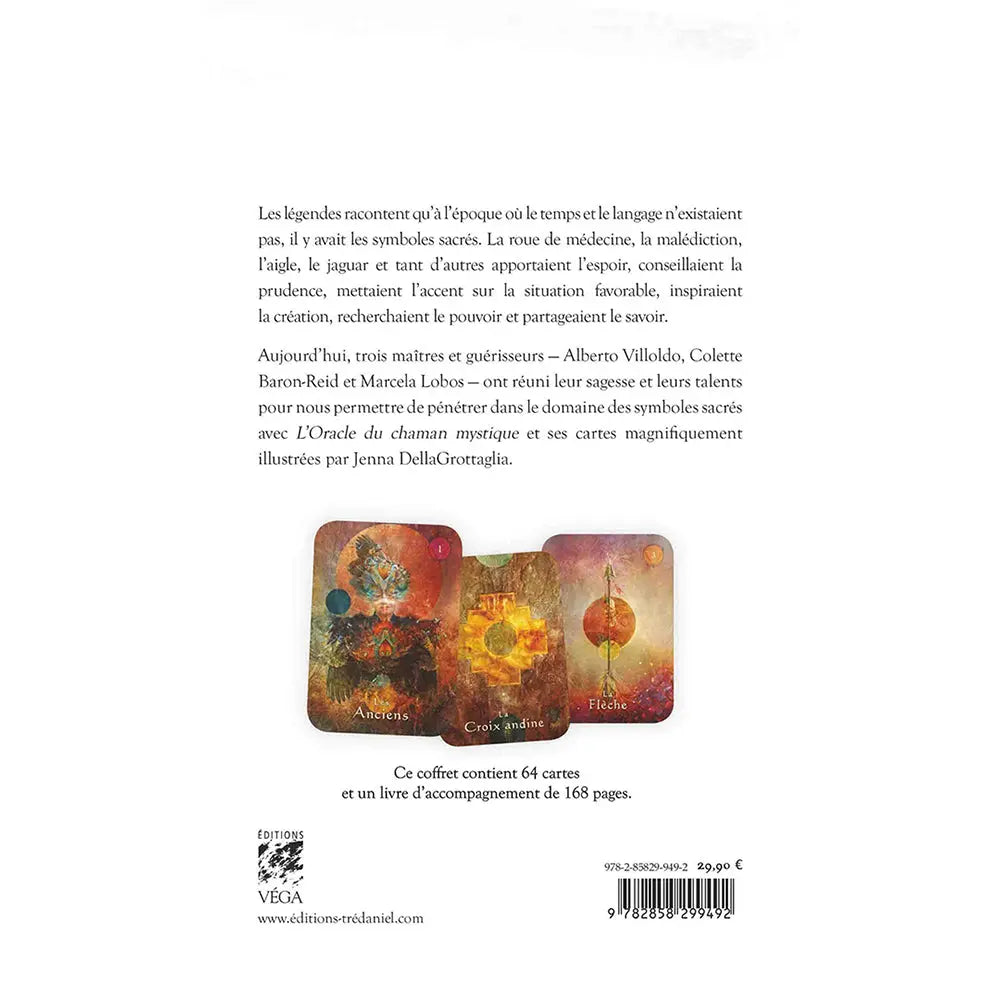 Dos du coffret L’Oracle du Chaman Mystique avec texte de présentation, visuel de trois cartes et informations (Éditions Véga, code-barres).