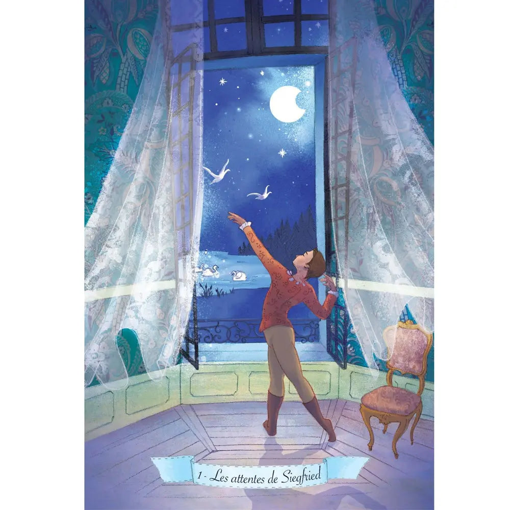 L'Oracle du Lac des Cygnes illustré par la carte « Les attentes de Siegfried » montrant un danseur à une fenêtre ouverte sur un paysage nocturne étoilé avec des cygnes.