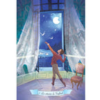 L'Oracle du Lac des Cygnes illustré par la carte « Les attentes de Siegfried » montrant un danseur à une fenêtre ouverte sur un paysage nocturne étoilé avec des cygnes.