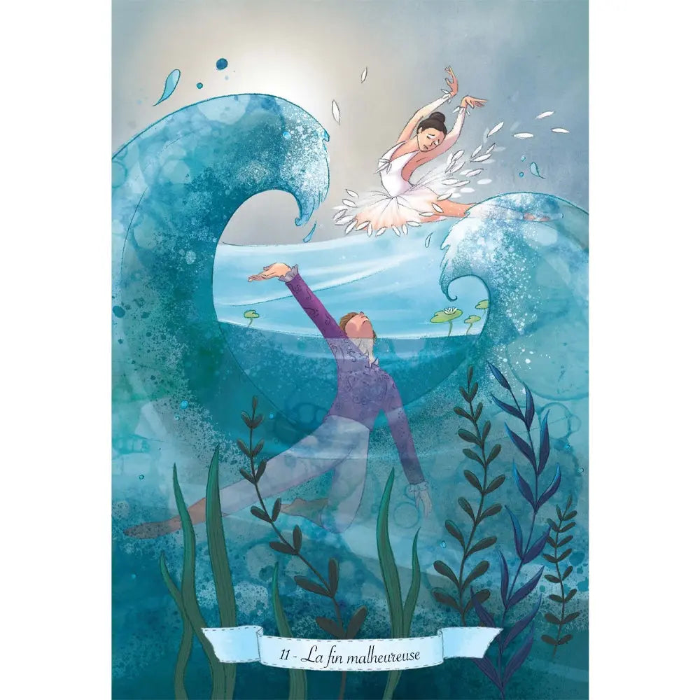 L'Oracle du Lac des Cygnes illustré par la carte « La fin malheureuse » montrant un couple de danseurs séparés par des vagues tumultueuses et des herbes aquatiques.