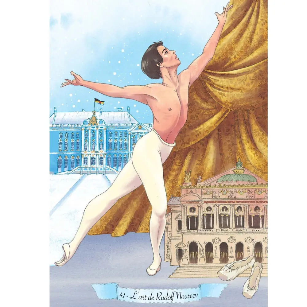L'Oracle du Lac des Cygnes illustré par la carte « L'art de Rudolf Noureev » montrant un danseur étoile devant l'Opéra Garnier et un palais sous la neige.