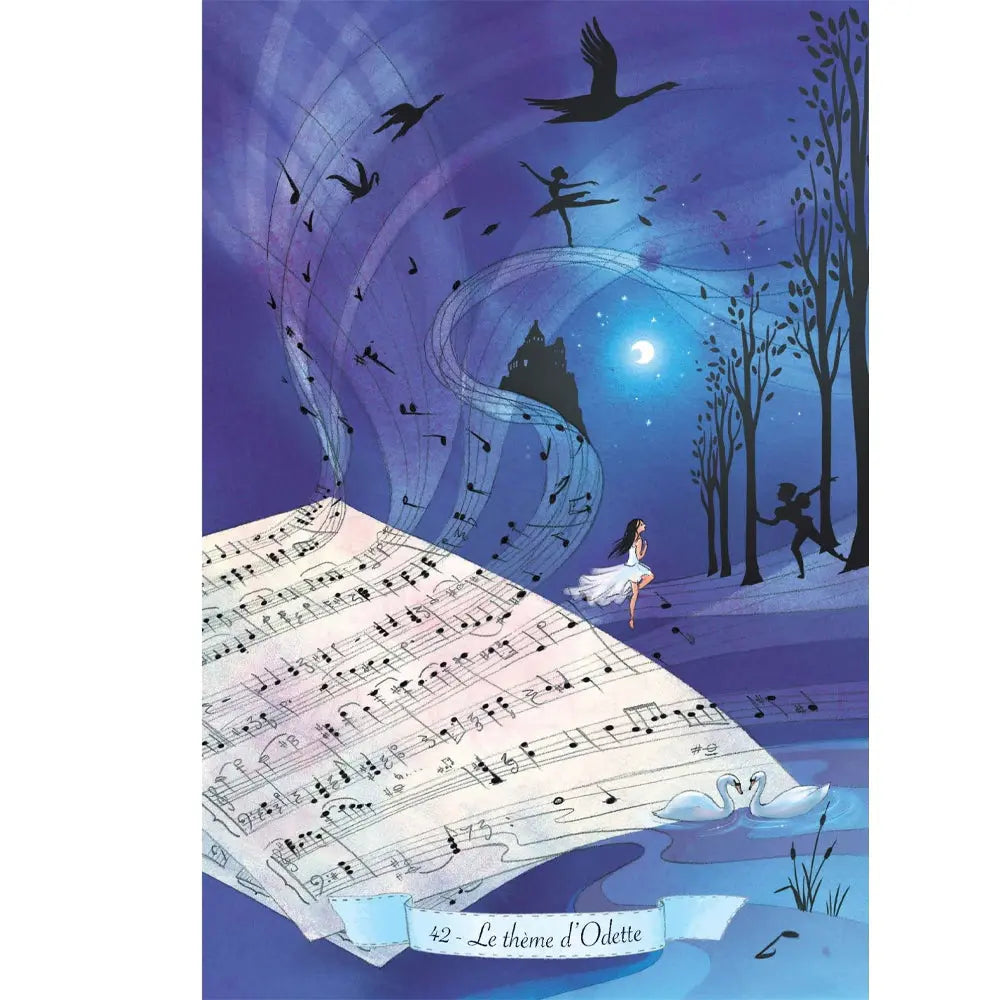 L'Oracle du Lac des Cygnes illustré par la carte « Le thème d'Odette » montrant une partition musicale s'envolant dans un paysage nocturne onirique avec des cygnes et une silhouette de danseuse.