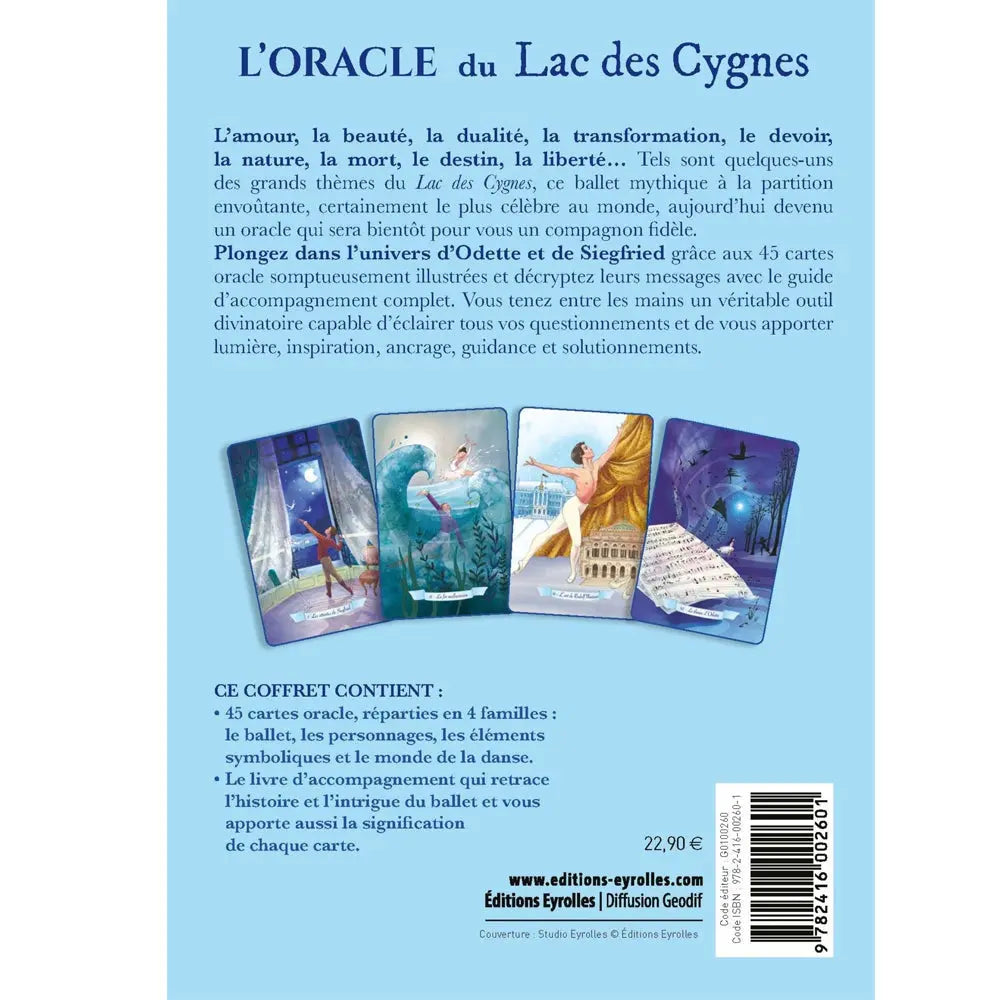 L'Oracle du Lac des Cygnes présentant son texte de description au verso sur un fond bleu ciel, avec quatre cartes illustrant l'univers du ballet et de la danse.