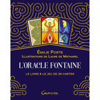 L'Oracle Fontaine d'Émilie Porte illustré par trois cartes colorées représentant un labyrinthe, une femme célébrant le bonheur et un croissant de lune sur un fond bleu nuit orné de dorures.