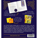 L'Oracle Fontaine illustré par le verso de son coffret bleu nuit présentant un livre explicatif et des cartes divinatoires colorées.