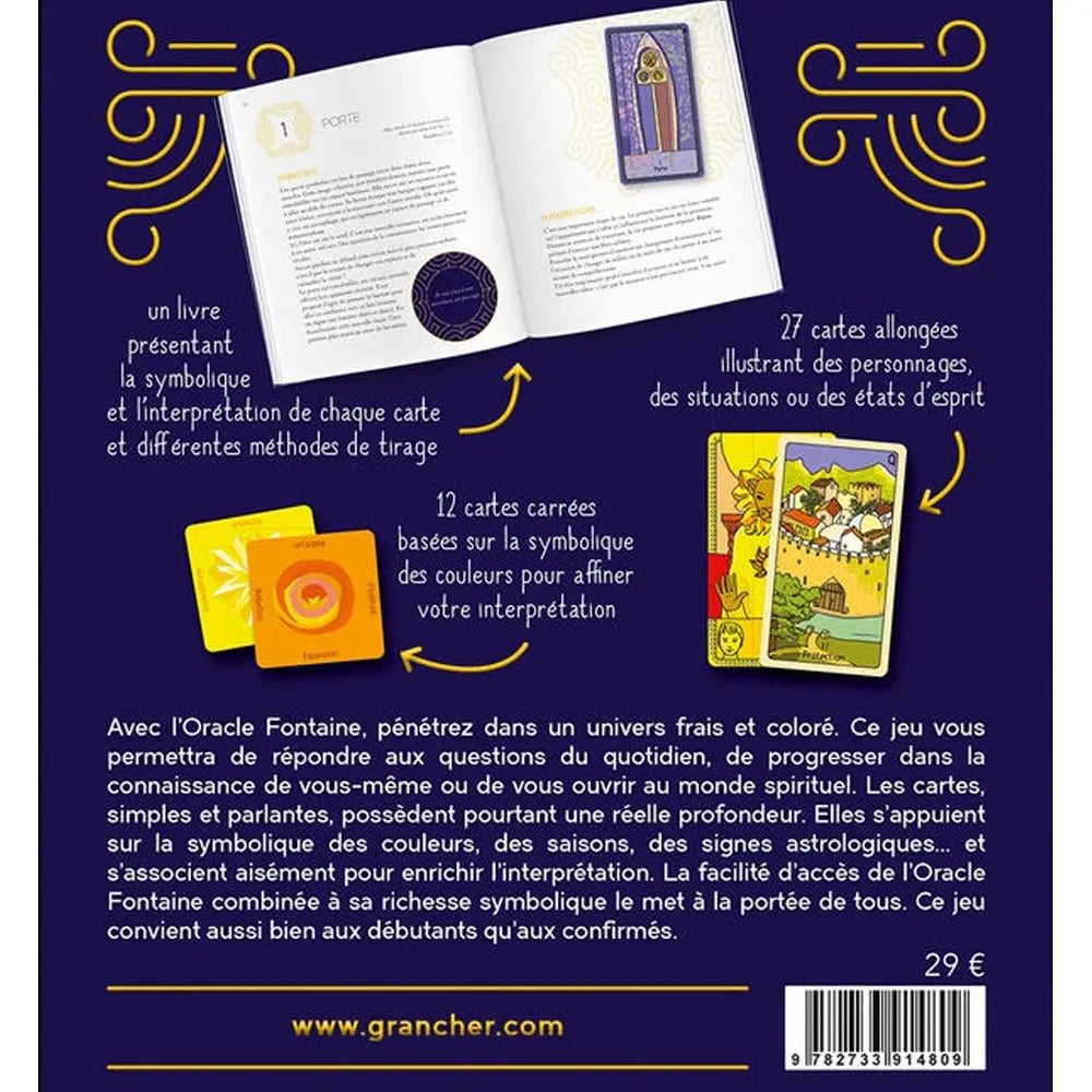 L'Oracle Fontaine illustré par le verso de son coffret bleu nuit présentant un livre explicatif et des cartes divinatoires colorées.