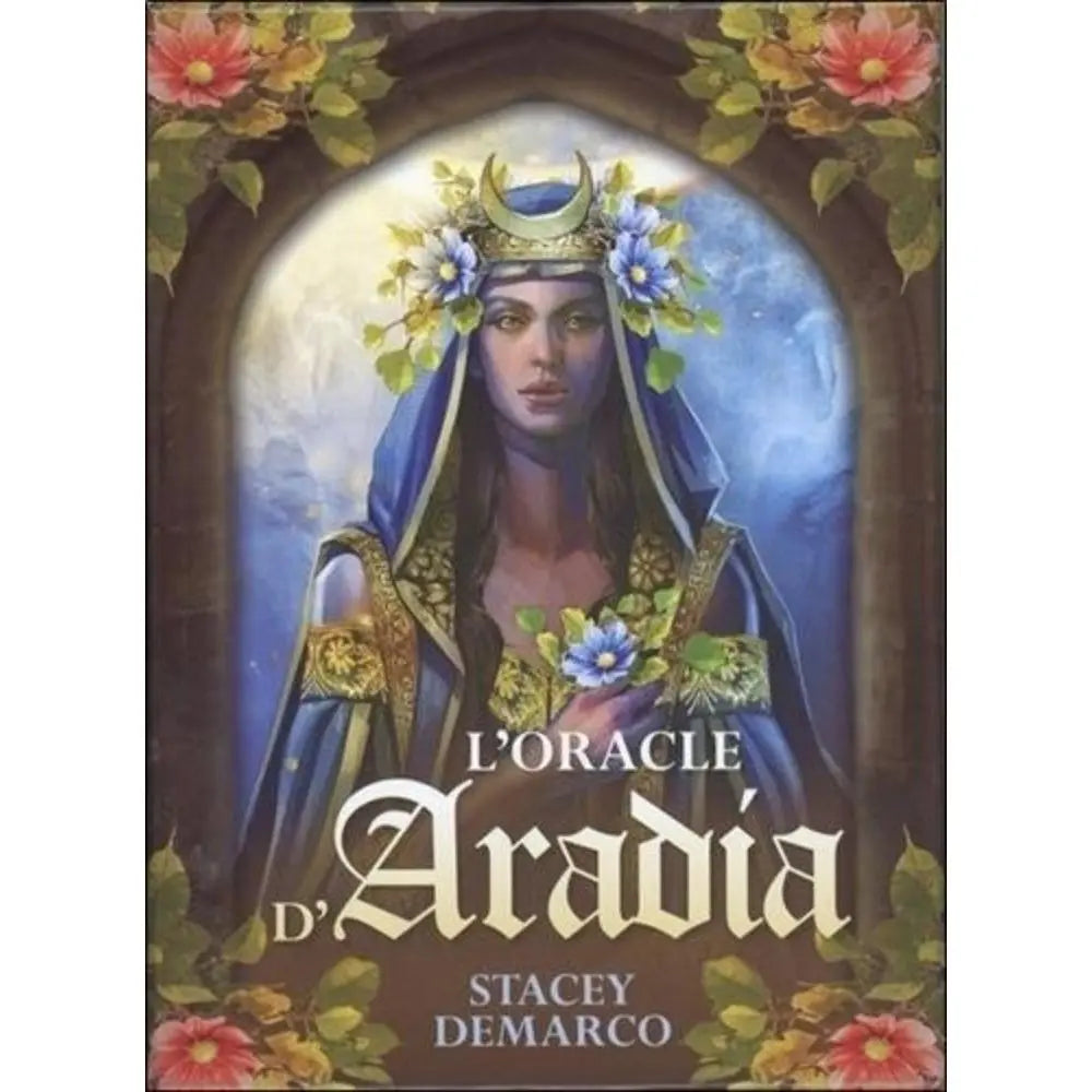 Coffret L’Oracle d’Aradia (Stacey DeMarco) : femme couronnée au croissant de lune, fleurs bleues, cadre végétal.