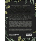 La Sorcière Verte illustré par le verso de sa couverture présentant un résumé textuel de l'ouvrage sur un fond noir uni, encadré par des illustrations botaniques de feuilles et de fougères dans des tons vert sauge qui font écho à la face avant du livre.