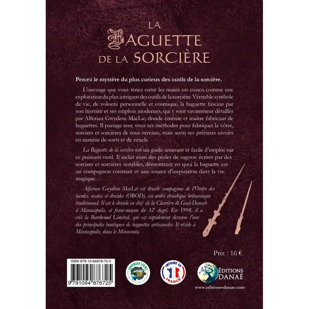La Baguette de la Sorcière illustrée par le verso de sa couverture présentant un texte de présentation sur un fond prune, accompagné de deux silhouettes de baguettes magiques.