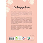 La Grossesse Sacrée illustré par le verso de sa couverture présentant un résumé de l'ouvrage sur un fond rose poudré délicatement fleuri, soulignant son rôle de guide spirituel et de journal pour les futures mamans.