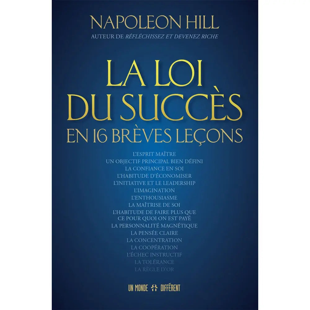 La Loi du Succès en 16 Brèves Leçons de Napoleon Hill illustré par une couverture bleu nuit sobre présentant le titre et la liste des seize principes en lettres dorées.