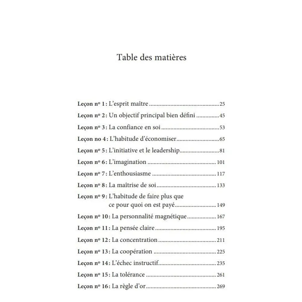 La Loi du Succès en 16 Brèves Leçons illustré par sa table des matières détaillant les seize leçons fondamentales de Napoleon Hill, de « L'esprit maître » à « La règle d'or ».