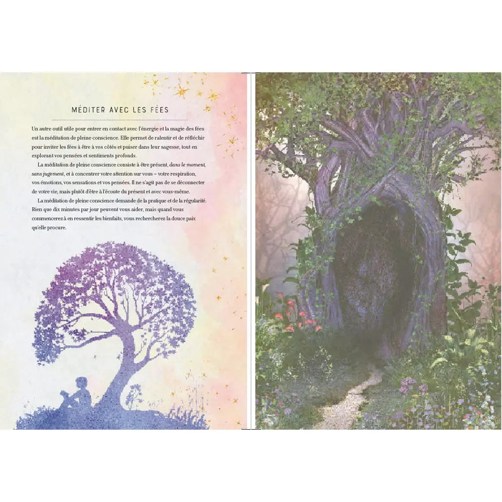 Double page extraite du livre La Magie des Fées, présentant à gauche une section intitulée "Méditer avec les fées" illustrée par la silhouette violette d'une personne assise sous un arbre, et à droite une grande illustration détaillée d'un arbre ancien et mystique avec une large cavité, situé au cœur d'une forêt enchantée.