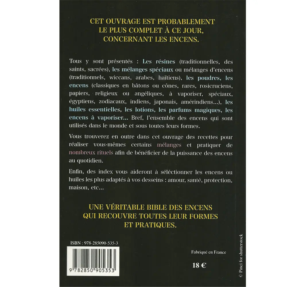 Quatrième de couverture du livre La Magie des Huiles et des Encens sur fond noir avec texte de présentation jaune et blanc