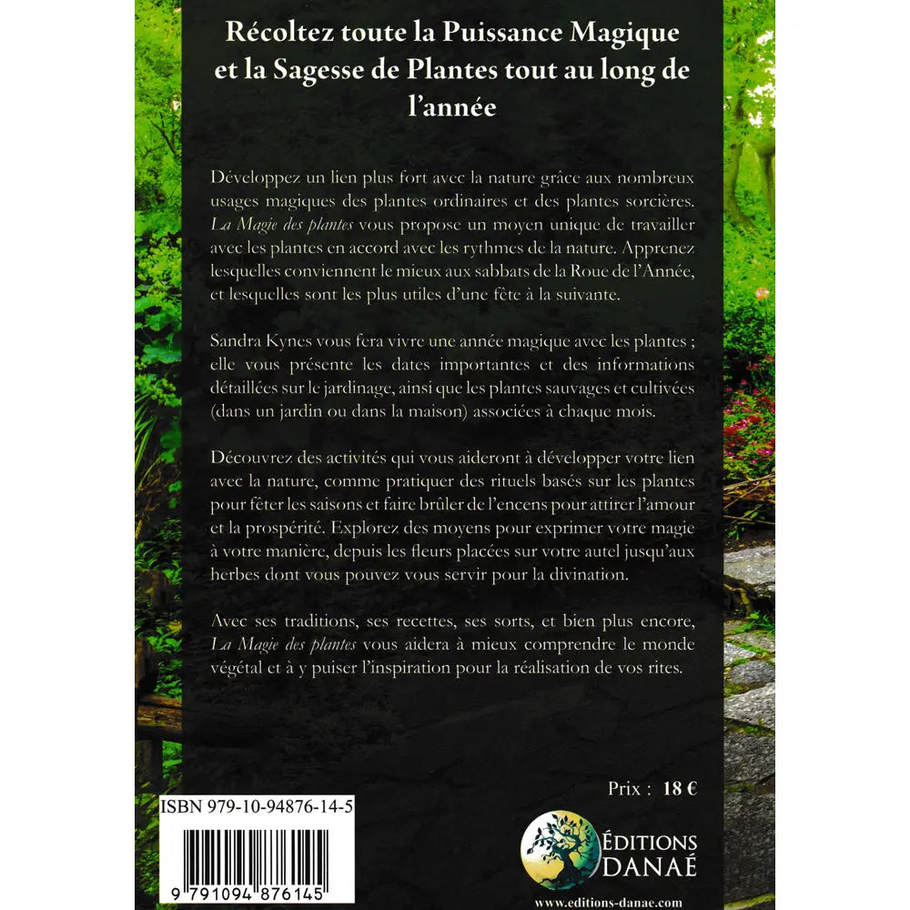 Quatrième de couverture du livre La Magie des Plantes sur fond de feuillage vert avec texte de présentation blanc sur encadré noir et logo Éditions Danaé.