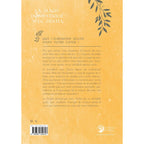 Quatrième de couverture du livre La Magie Domestique avec Hestia sur fond jaune texturé avec titre blanc, illustrations de feuillages noirs et texte de présentation.