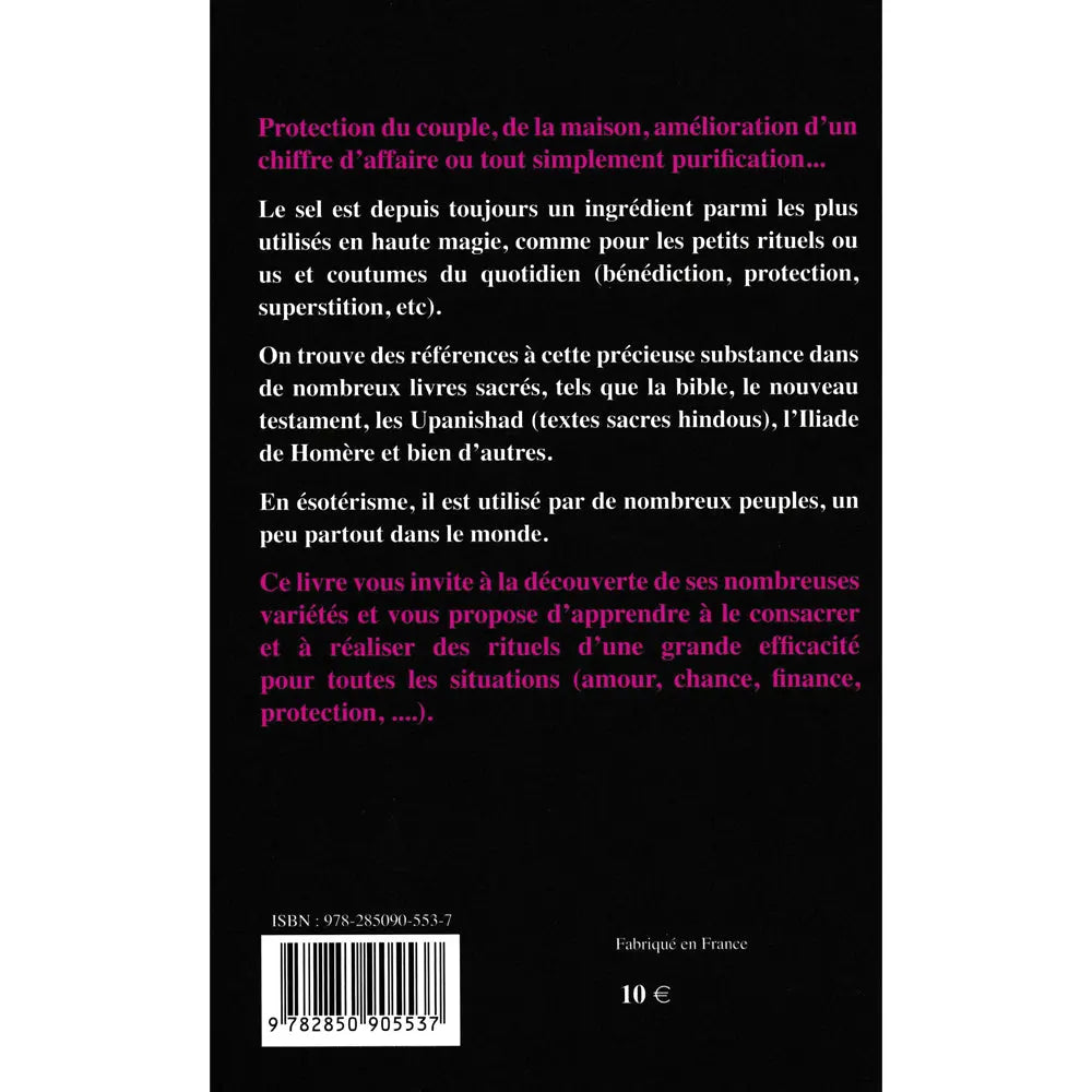 Quatrième de couverture du livre La Magie du Sel sur fond noir avec texte de présentation blanc et rose