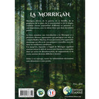 La Morrigan illustré par le verso de sa couverture présentant un résumé de l'ouvrage sur un fond de forêt verdoyante et arborée.