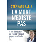 La Mort n'existe pas de Stéphane Allix, illustré par un horizon bleu et brumeux au-dessus d'une bande blanche présentant un portrait de l'auteur.