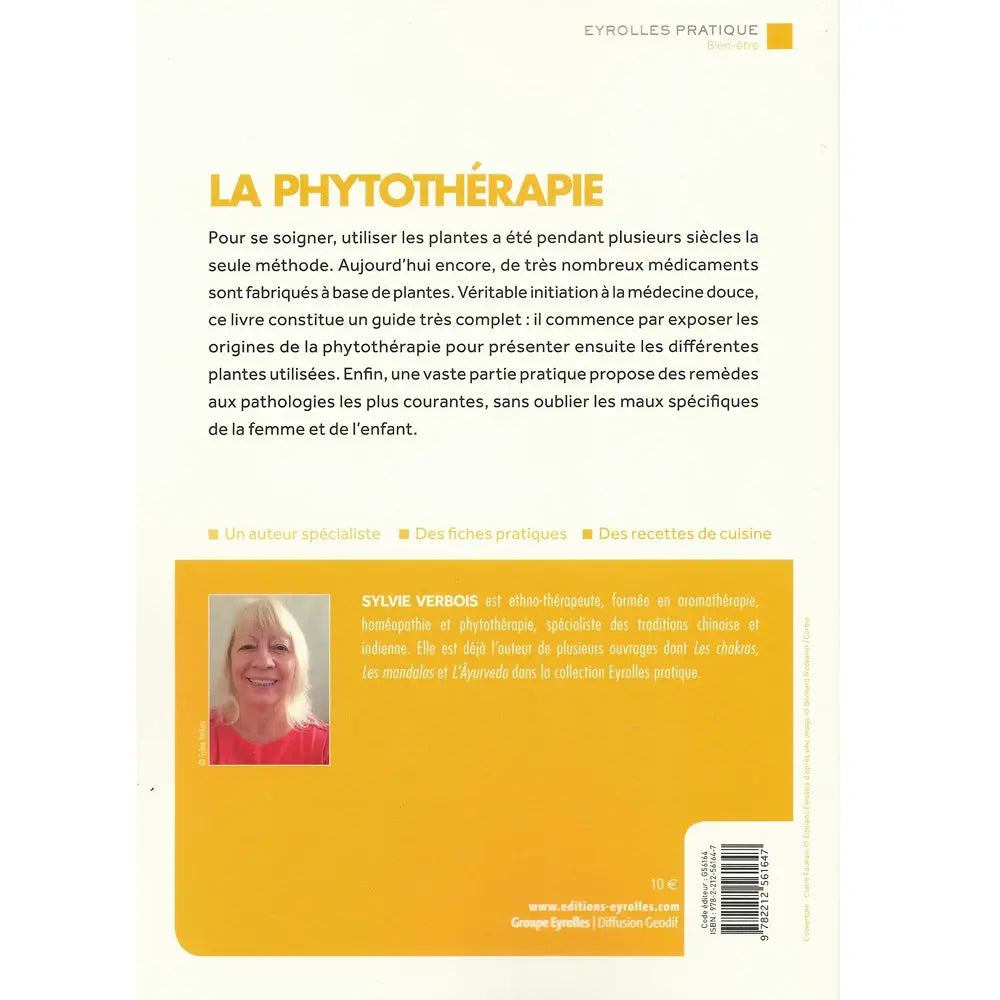 La Phytothérapie illustré par le verso de sa couverture présentant une description de l'ouvrage et la biographie de Sylvie Verbois sur fond jaune.